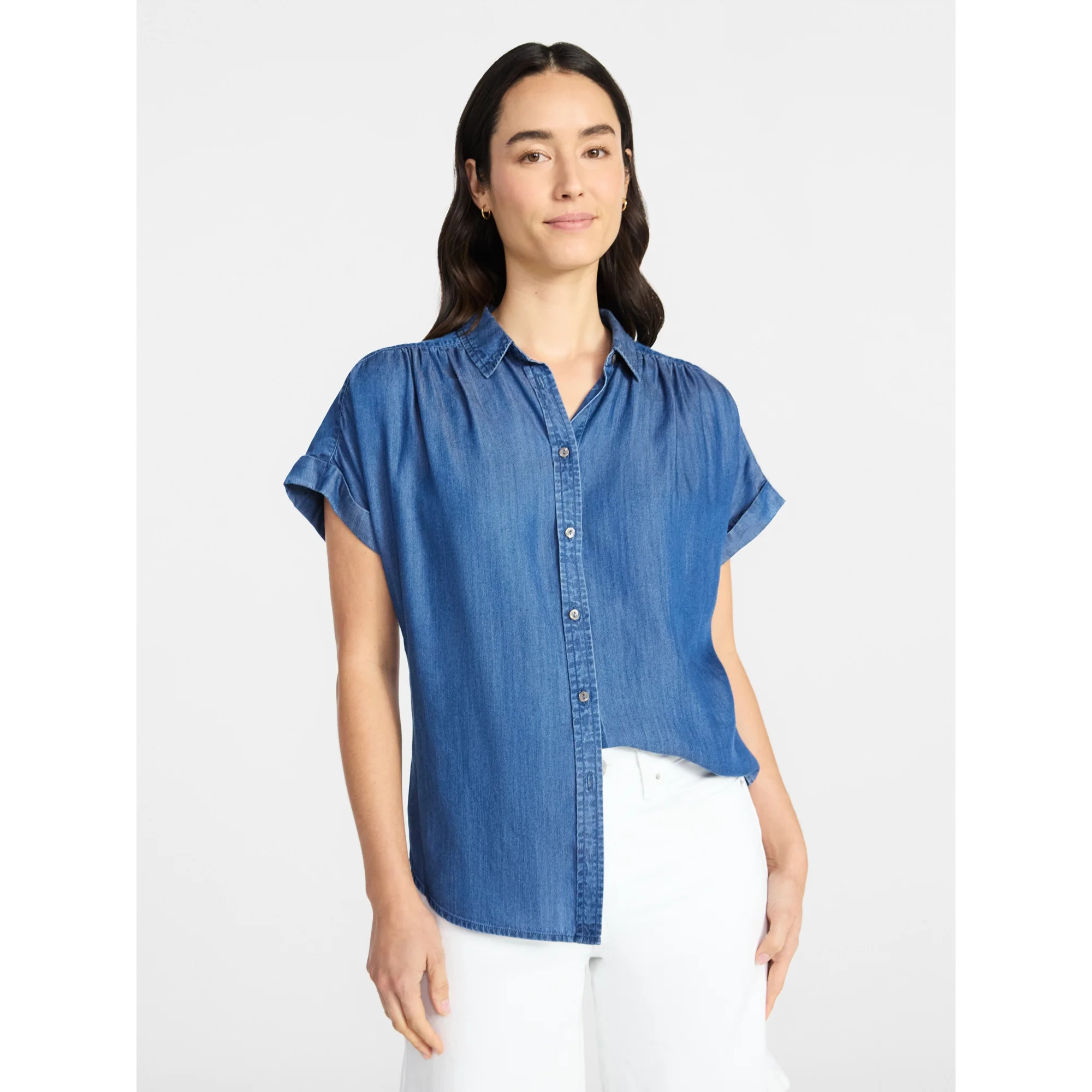 Time and Tru Women's Chambray Camp Shirt with Short Sleeves, Sizes XS-XXXL | Walmart (US)