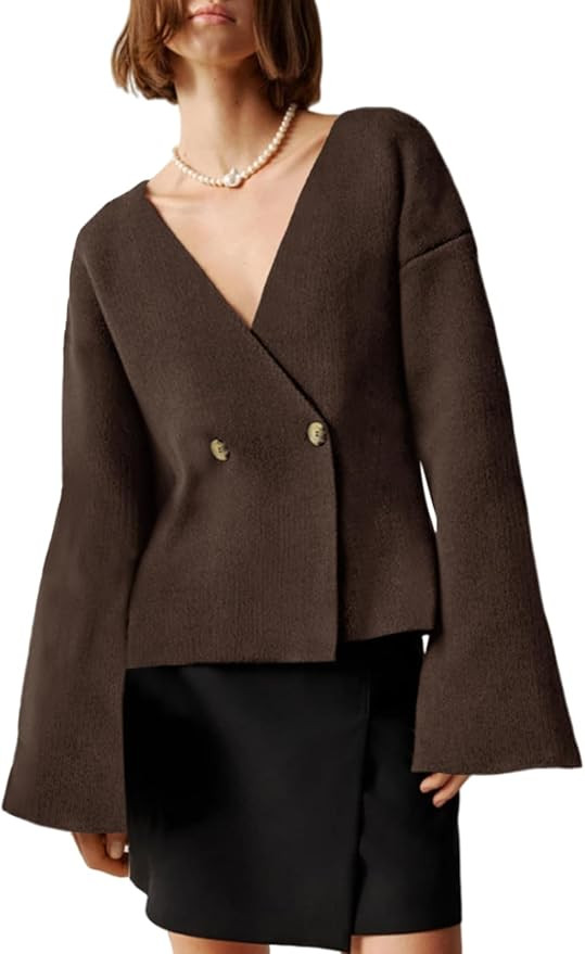 Saodimallsu Womens V Neck Cardigans Long Bell Sleeve Button Down Open Front Loose Knit Fall Sweat... | Amazon (US)