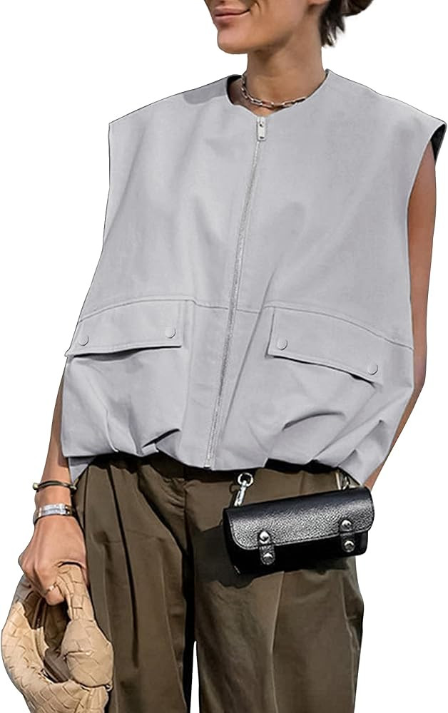 Hixiaohe Oversized Zip Up Cargo Vest for Women Casual Sleeveless Blazer Jacket Y2k Tops Ruched He... | Amazon (US)