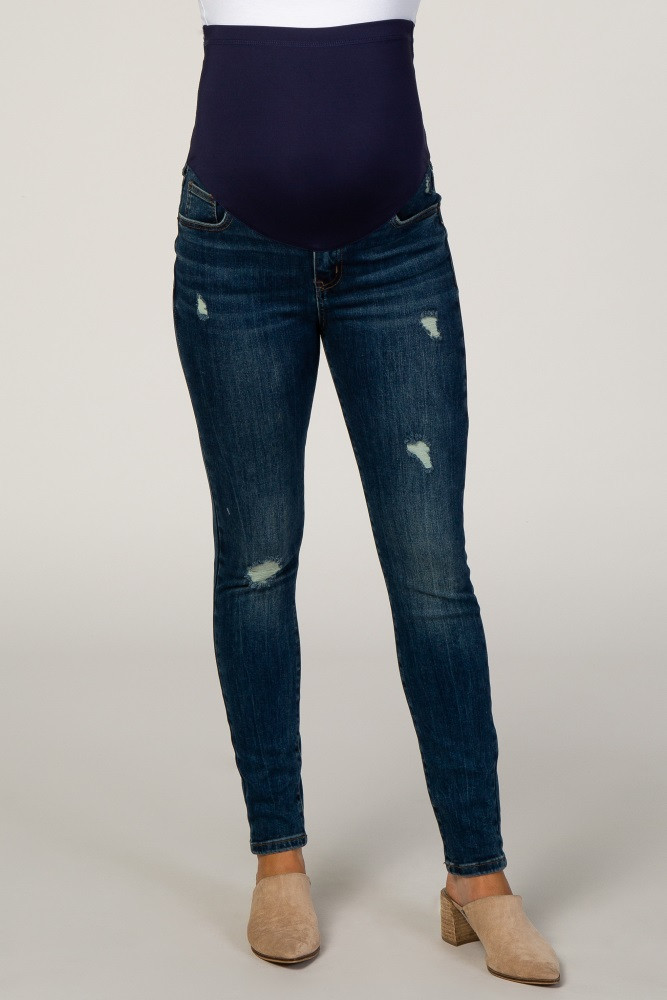 PinkBlush Navy Blue Lightly Distressed Maternity Jeans | PinkBlush Maternity