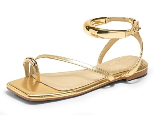 Coutgo Womens Strappy Flat Sandals Flip Flops Open Toe Ring Metal Ankle Strap Summer Beach Shoes, Gold, Size 9 | Amazon (US)