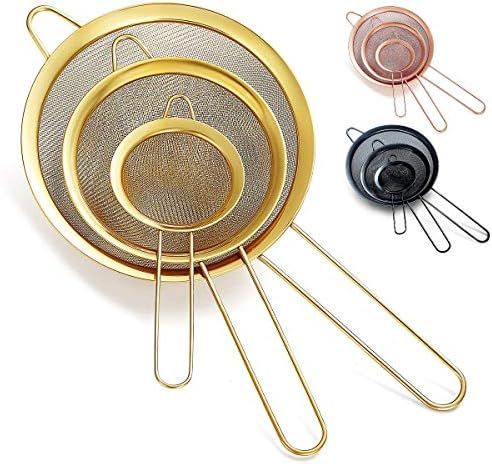 Kyraton Gold Fine Mesh Strainer 3 Pieces Set, Golden Flour Sifter For Baking, Stainless Steel Cla... | Amazon (US)