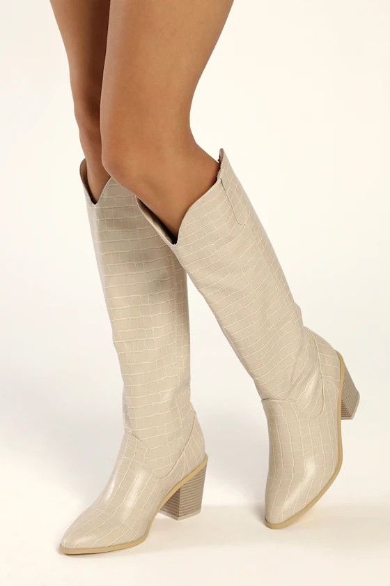 Renuu Bone Crocodile-Embossed Pointed-Toe Knee-High Boots | Lulus (US)