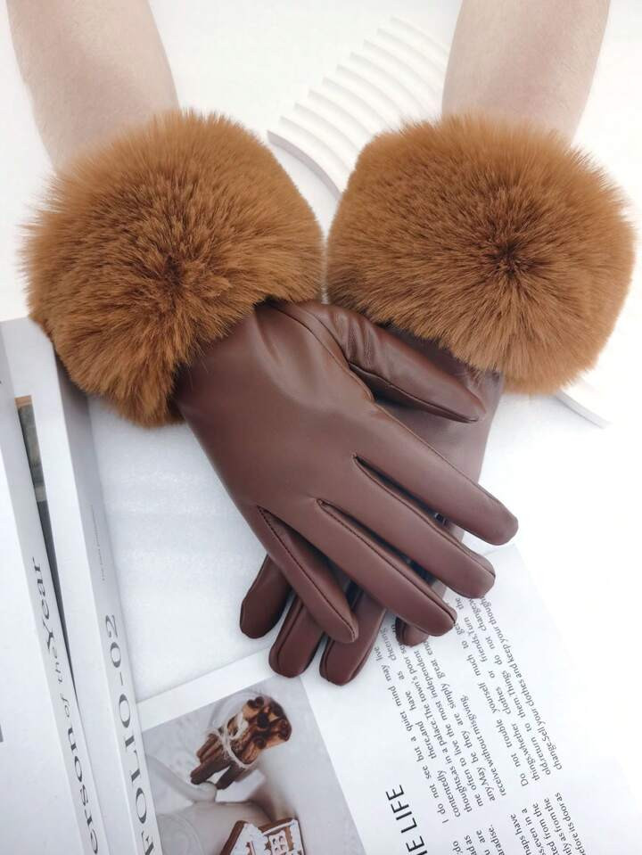1pair Women's Brown Furry Cuff, Touch Screen Pu Leather Gloves, Dual-Layer Design With Inner Ther... | SHEIN