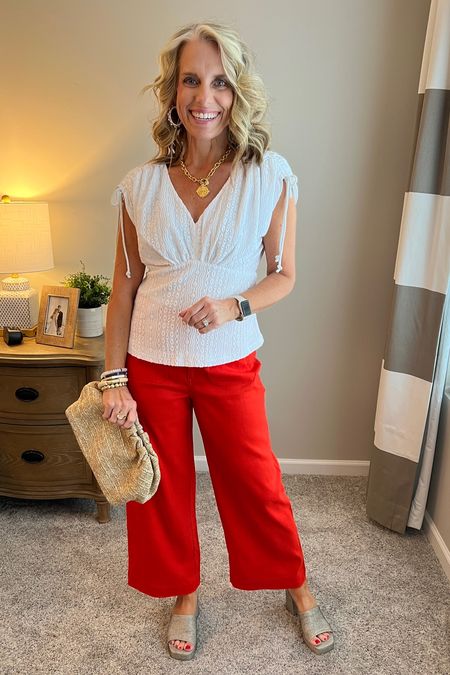 Loving red pants and they go with a lot more than you’d think! Wearing size 4 
XS top. Cute silhouette 
Use COAST10 on Marmi shoes 
Good summer workwear look or teacher style 

#LTKOver40 #LTKFindsUnder50 #LTKSaleAlert