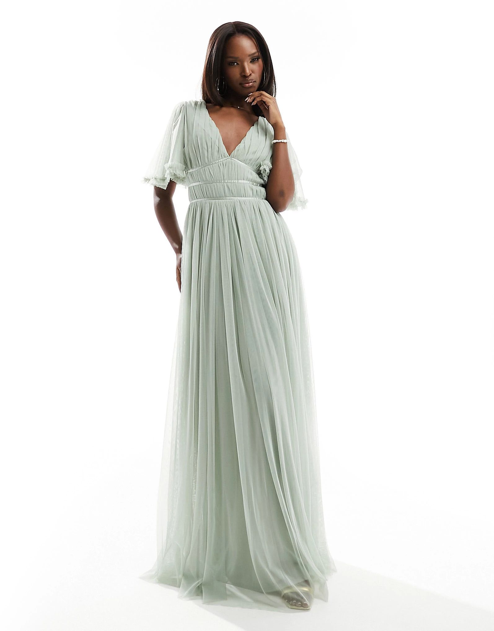 Beauut Bridesmaid tulle maxi dress with flutter sleeve in sage green | ASOS (Global)