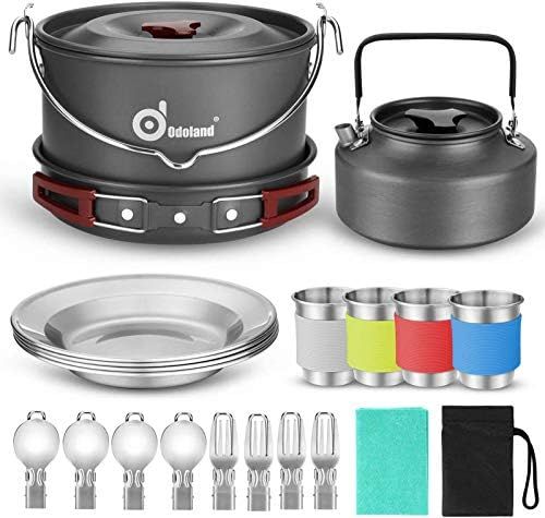 Odoland 22pcs Camping Cookware Mess Kit, Large Size Hanging Pot Pan Kettle with Base Cook Set for 4, | Amazon (US)