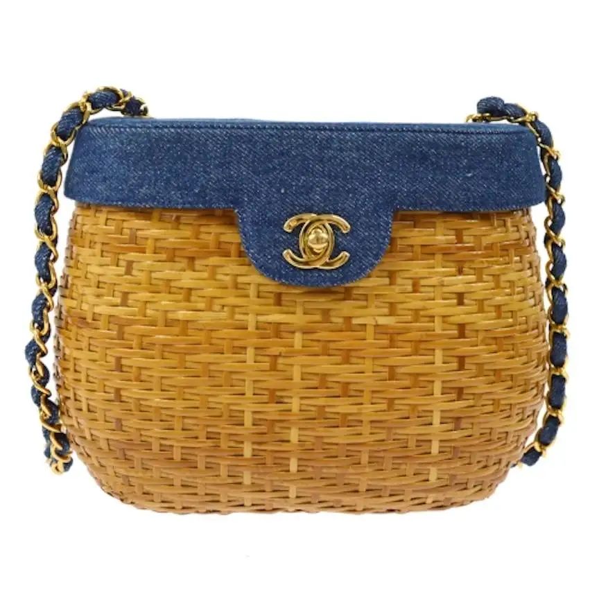 Chanel Vintage Tan Wicker Denim Picnic Lunch Bucket Shoulder Flap Small Bag | 1stDibs