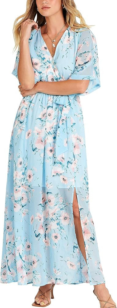 ANRABESS Women’s Summer Loose Kimono Maxi Dress Wrap V Neck 3/4 Sleeve Floral Print Slit Long D... | Amazon (US)