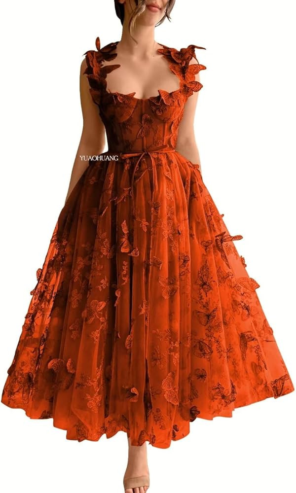 Women's 3D Butterfly Tulle Prom Dresses 2024 Tea Length Lace Embroidery A Line Fairy Corset Prom ... | Amazon (US)