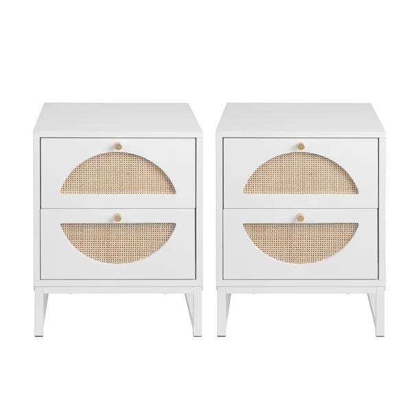 Resenkos White Nightstand Set of 2 for Bedroom, Wood Rattan Bedside Table Living Room End Table | Walmart (US)