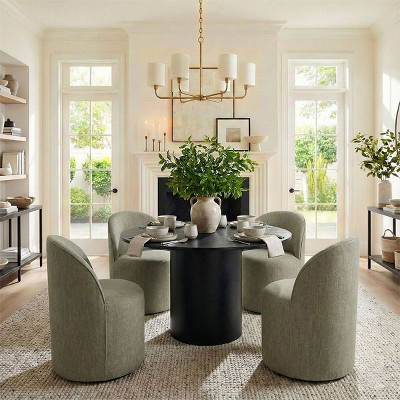 5-Piece Dining Table Set, Green Upholstered Barrel Chair with Castors and Black Round Pedestal Table for Kitchen or Breakfast Nook-Panipeachy | Target