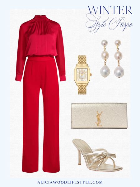 A gorgeous holiday look that is elegant, sophisticated and understated.   

Long sleeve red jumpsuit
red jumpsuit
gold watch
pearl drop earrings
YSL gold clutch 
Champagne bow heel sandal. 
holiday style
 

#LTKover40 #LTKstyletip #LTKHoliday