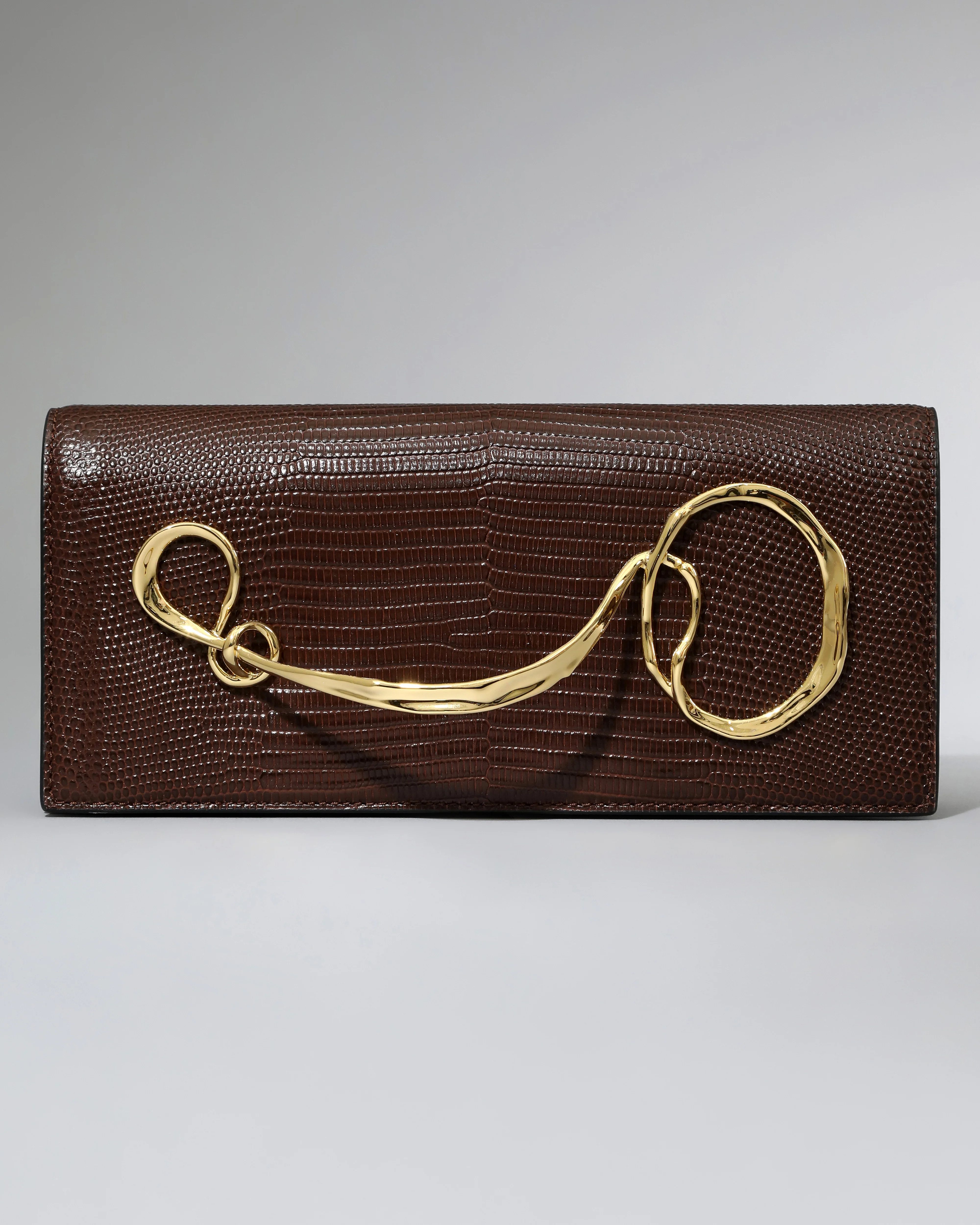 Chocolate Brown Lizard Leather Twisted Gold Side Handle Clutch | Alexis Bittar