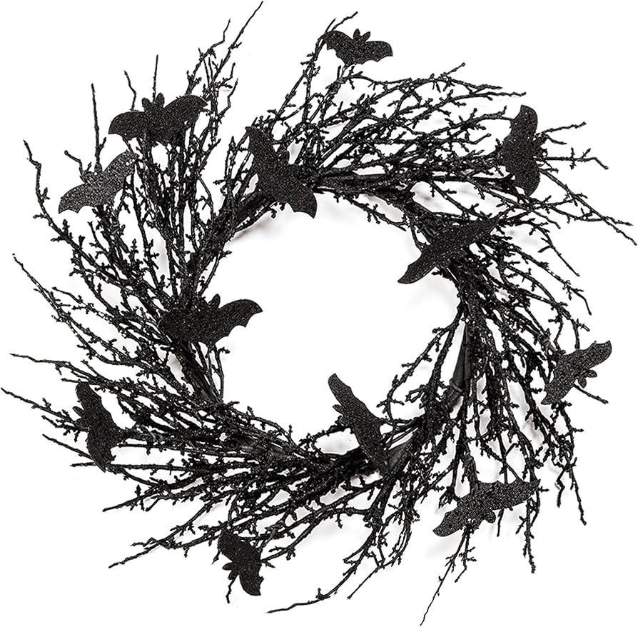 18 Inch Black Halloween Wreath Bat Wreath Door Wreath with Glitter Bats Decorations Halloween Party Decorations Halloween Ornament | Amazon (US)
