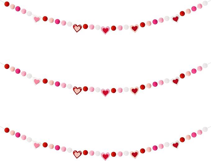 Fiupan 3Pcs Valentine's Day Pom Pom Felt Ball Garlands 5.9Ft Red Pink White Love Heart Balls Hang... | Amazon (US)