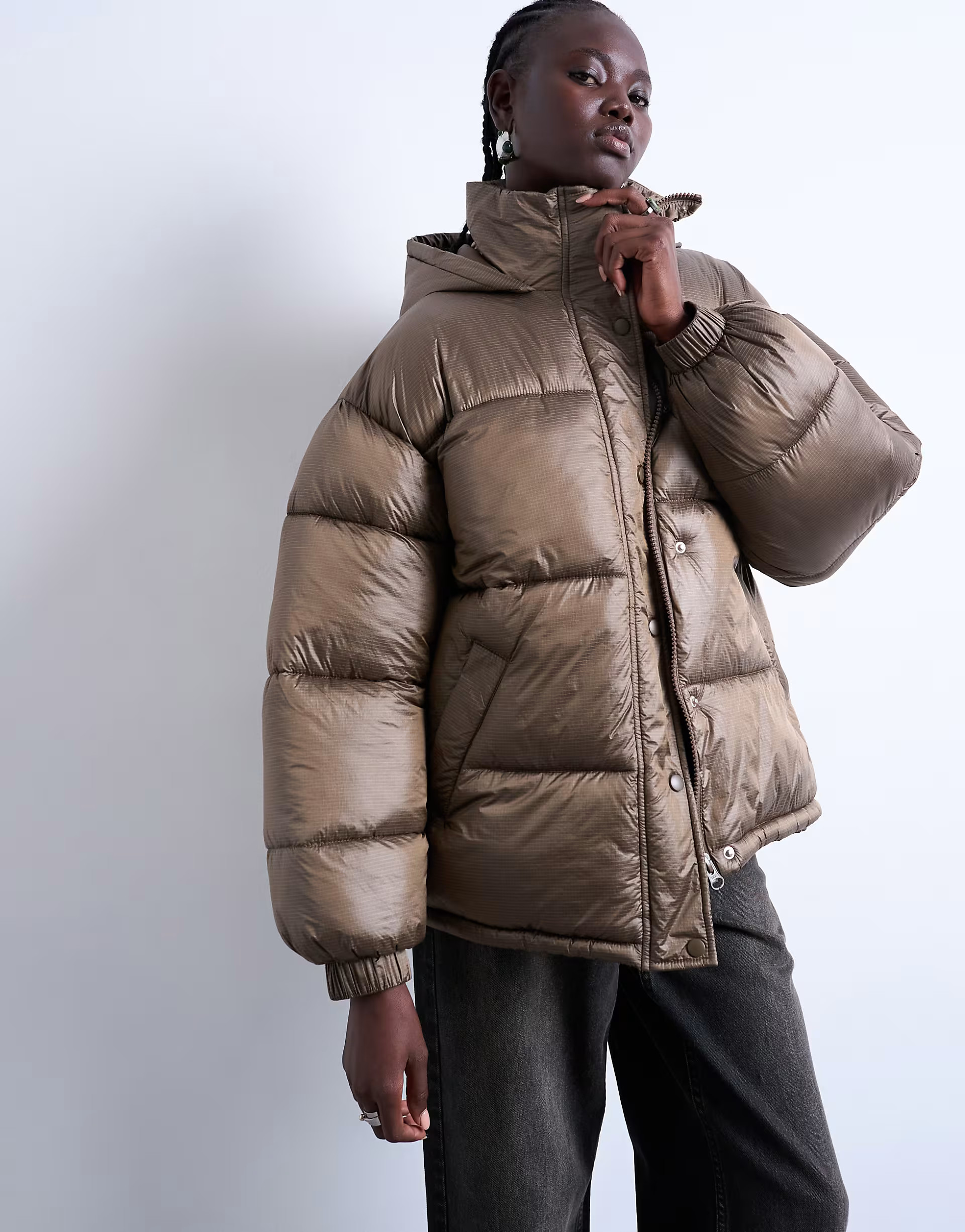 Mid length puffer jacket in brown | Topshop