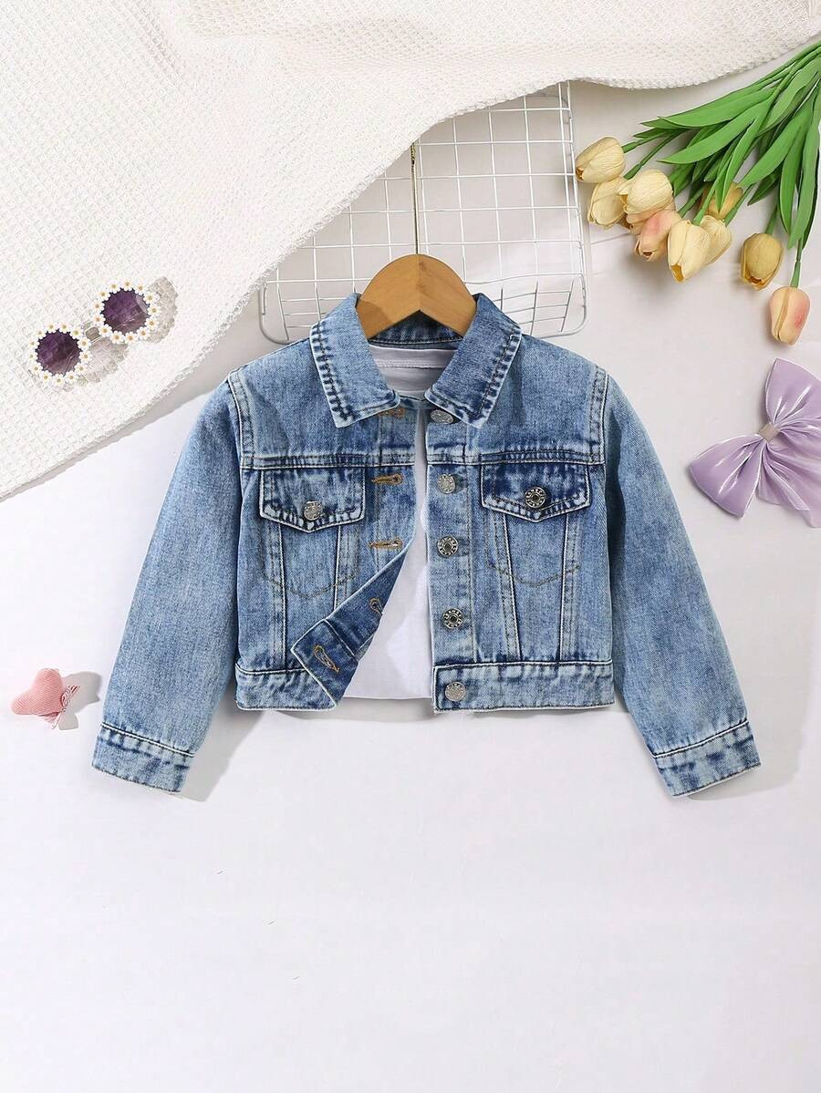 Young Girl' Denim Jacket And Coat, New Arrival. Casual Sweet Bow Decor Light Wash Blue Denim Jack... | SHEIN