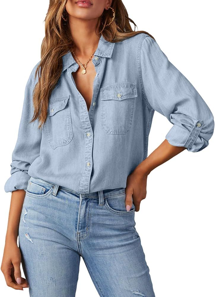 Astylish Women 2024 Button Down Denim Shirts Casual Long Sleeve V Neck Chambray Blouse Top | Amazon (US)