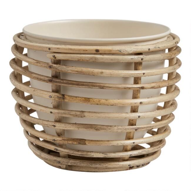 Ivory Metal Planter with Rattan Cane Stand | World Market