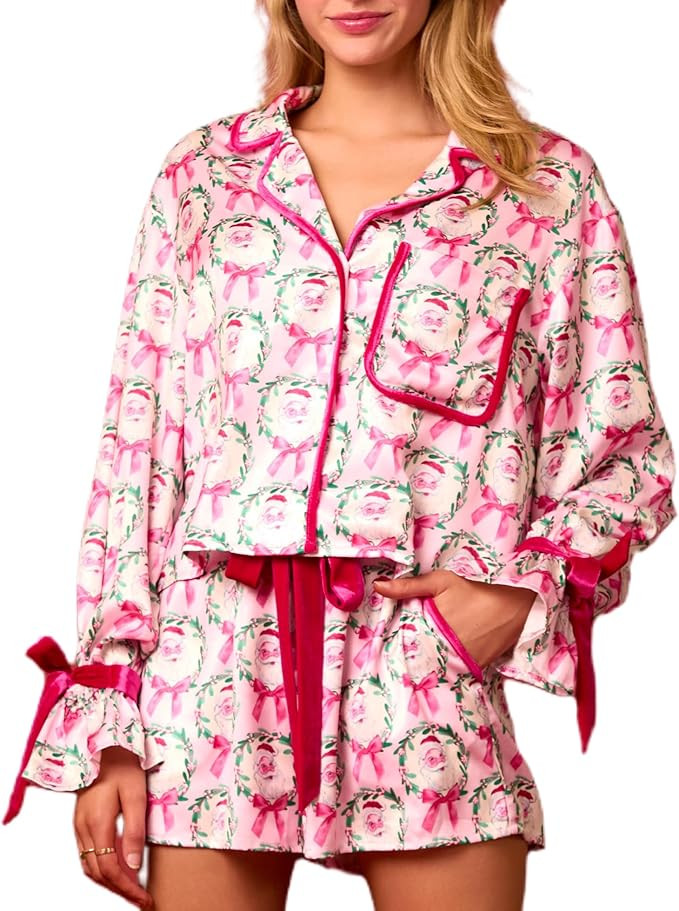 Seyurigaoka Christmas Pajamas Shorts Set for Women Y2k Cute Bow Tie Pjs Button Up Top+Ruffle Shor... | Amazon (US)