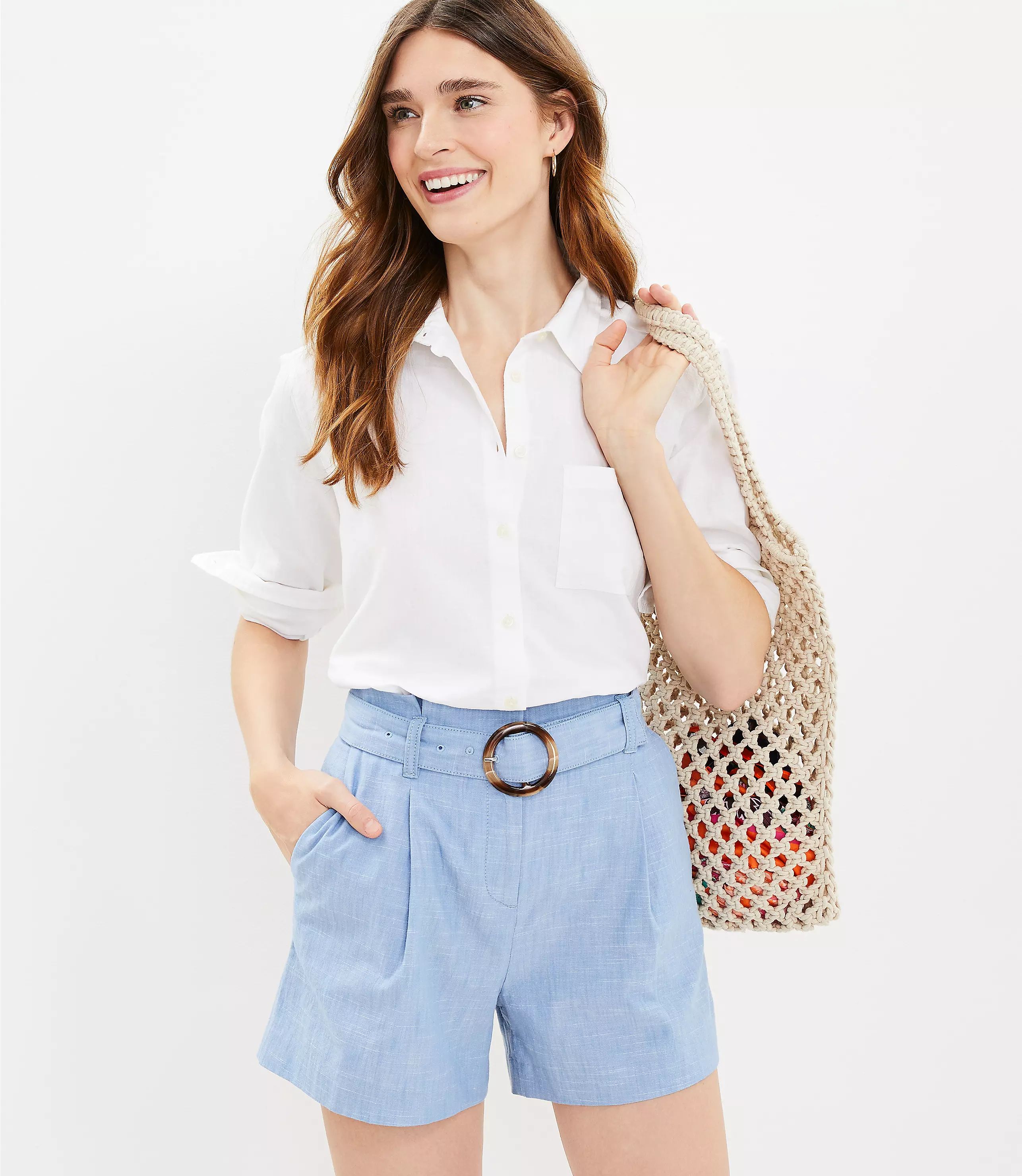 Belted Shorts in Chambray | LOFT