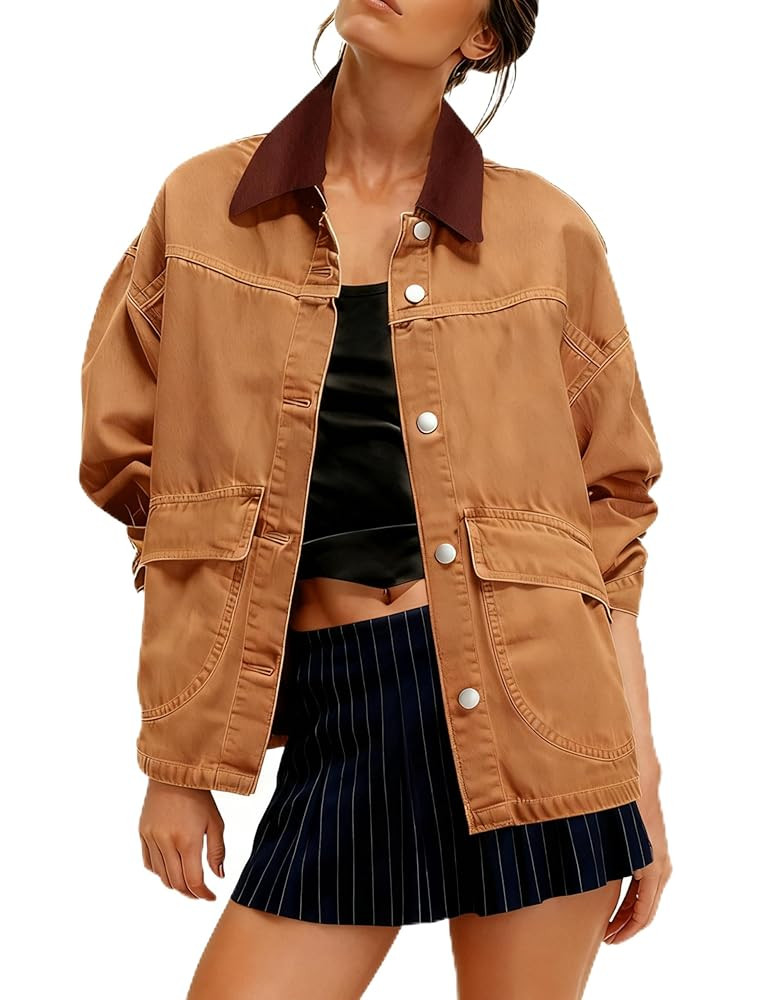 Yeokou Women Oversize Denim Jacket Casual Button Down Jean Coat Long Sleeve Shacket Outfit with P... | Amazon (US)