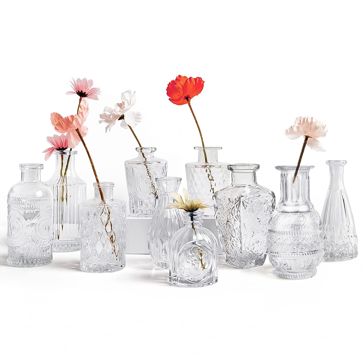 Glass Bud Vase Set of 10, Vases in Bulk, Small for Flowers, Centerpieces, Cute Vintage Rustic Wedding Decor, Home Table Flower Decoration | Amazon (US)