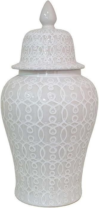 Benjara Deni 33 Inch Temple Jar, Removable Lid, Carved Pattern, Ceramic, White | Amazon (US)