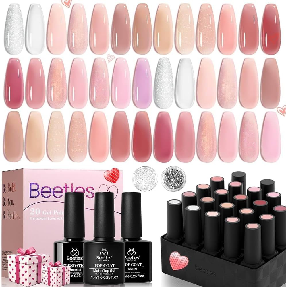 Beetles Pink Nude Gel Nail Polish Set, 20 Colors Neutral Jelly Pink Sheer Glitter White Color Soa... | Amazon (US)