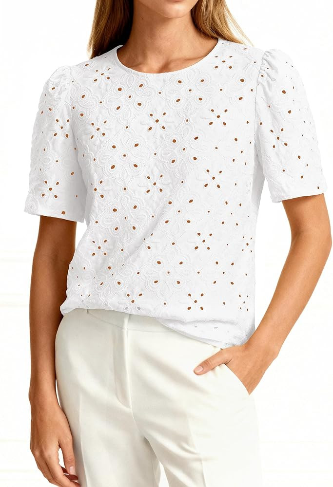 PRETTYGARDEN Embroidered Eyelet Tops for Women Summer Blouses Dressy Casual 2026 Spring Work Teac... | Amazon (US)