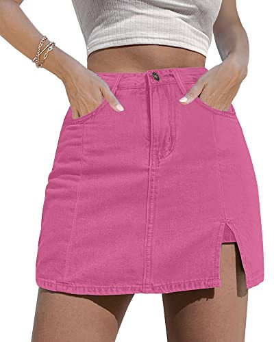 luvamia Denim Skort, High Waisted Mini Skirt with Side Slit, Hot Pink, X-Large | Amazon (US)