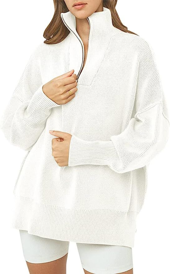 Amazon.com: LILLUSORY Women's Winter Knit Long Sleeve 1/4 Zipper Collar Oversized Slouchy Sweatsh... | Amazon (US)