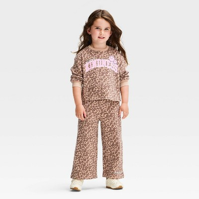 Toddler Girls' 2pc Smiley World "Kindness" Animal Printed Sweatshirt and Pants Set - Brown 4T | Target
