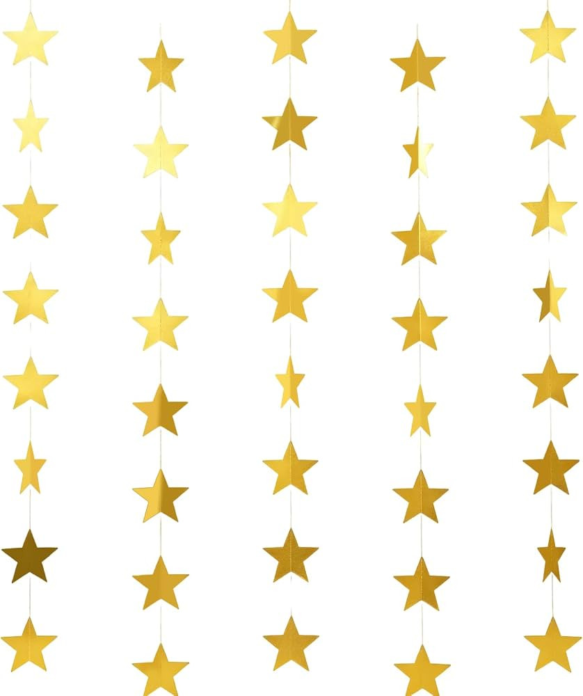 12 PCS Gold Star Garland Banner,156 FT Double Side Hanging Star Decorations     Paper Glitter Gol... | Amazon (US)