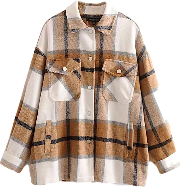 Gihuo Women's Casual Loose Button Down Wool Blend Plaid Shirt Jacket Shacket | Amazon (US)