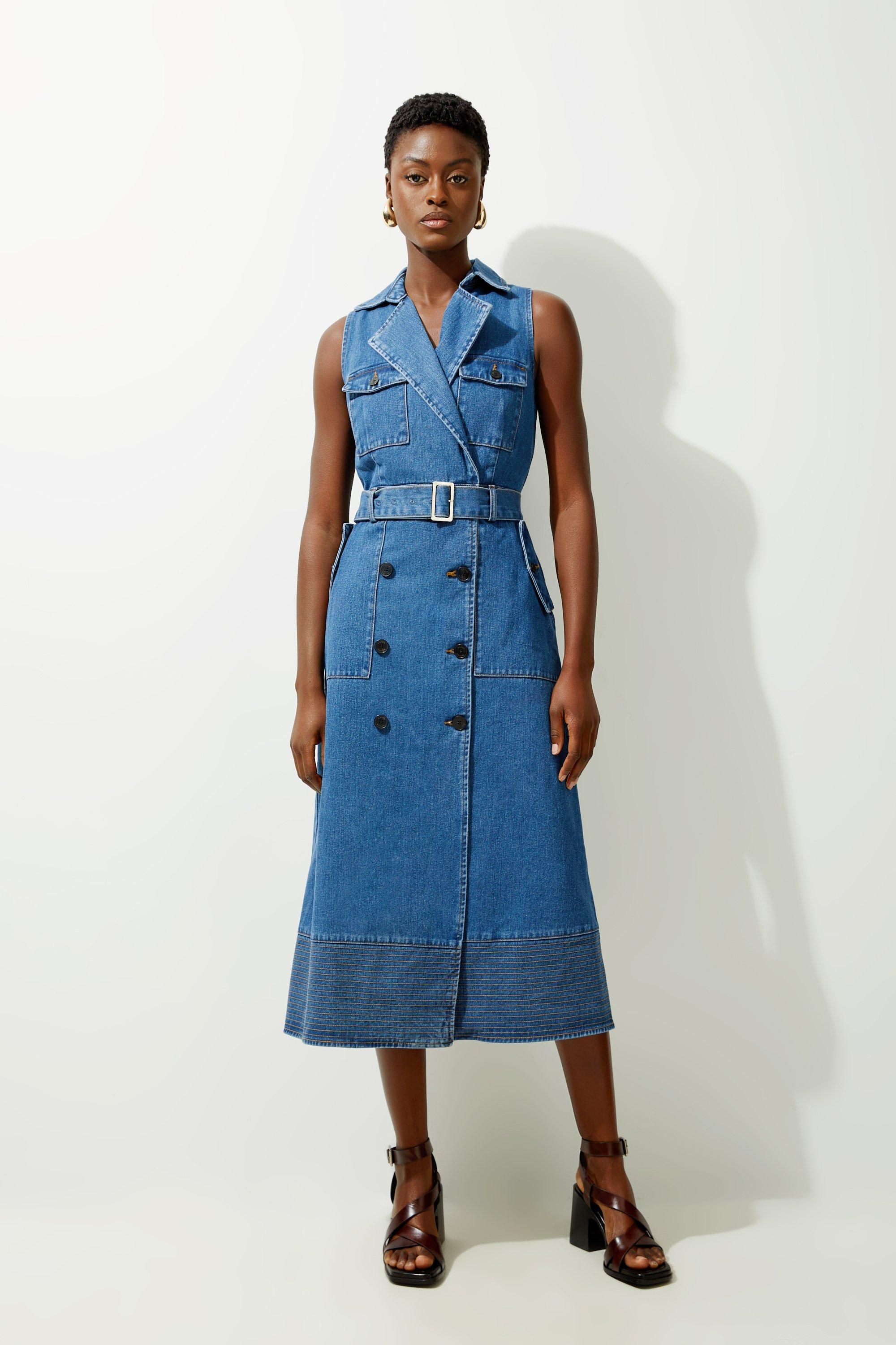 Denim Cargo Pocket Belted Sleeveless Shirt Wrap Dress | Karen Millen US