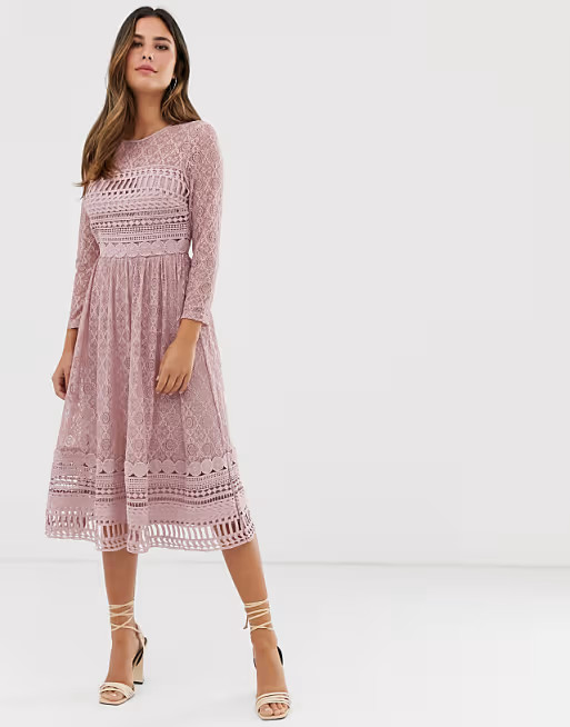 ASOS DESIGN lace midi skater dress in mink | ASOS (Global)