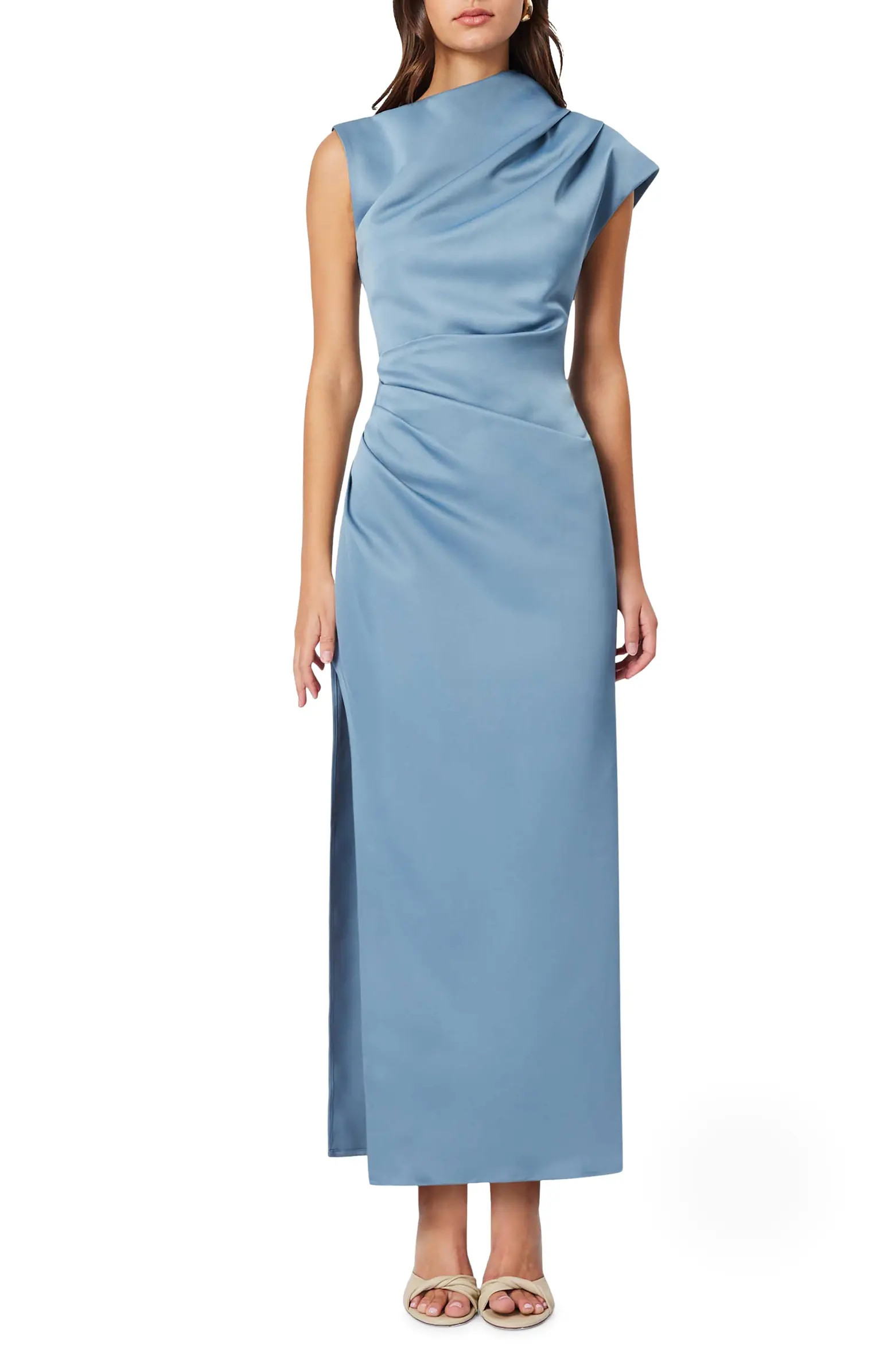 Coralie Asymmetric Neck Ruched Satin Gown | Nordstrom