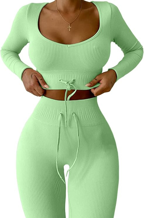 QINSEN Workout Sets for Women 2 Piece Seamless Long Sleeve Crop Tops Ribbed High Waist Leggings | Amazon (US)