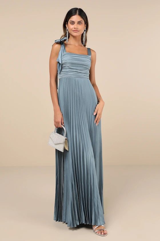 Gorgeous Purpose Slate Satin Pleated Sleeveless Bow Maxi Dress | Lulus