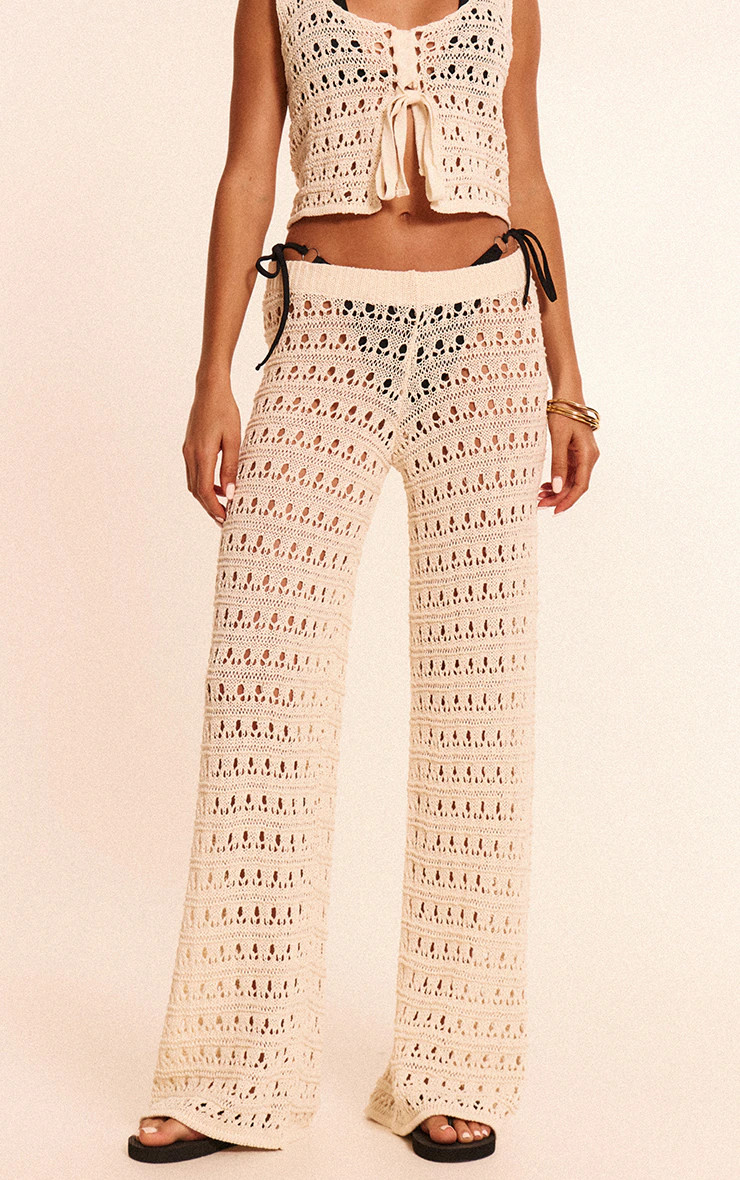 Cream Wide Leg Crochet Beach Trousers | PrettyLittleThing UK