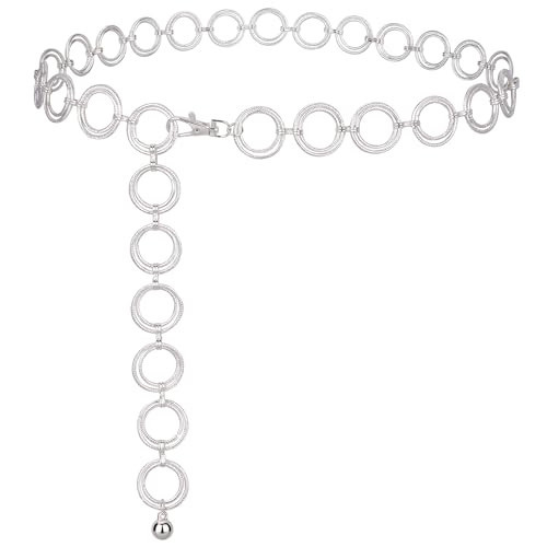 macoking Silver Chain Belt Fashion O Ring Metal Belts for Women Dresses Skirts Jeans M | Amazon (US)