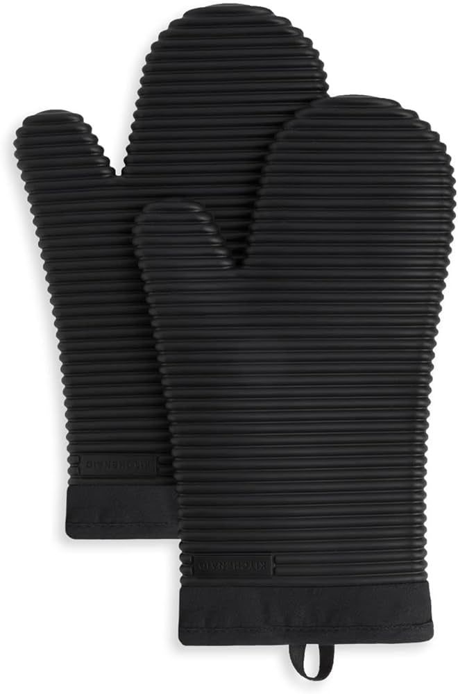 KitchenAid Ribbed Soft Silicone Oven Mitt Set, 7"x13", Onyx Black 2 Count | Amazon (US)