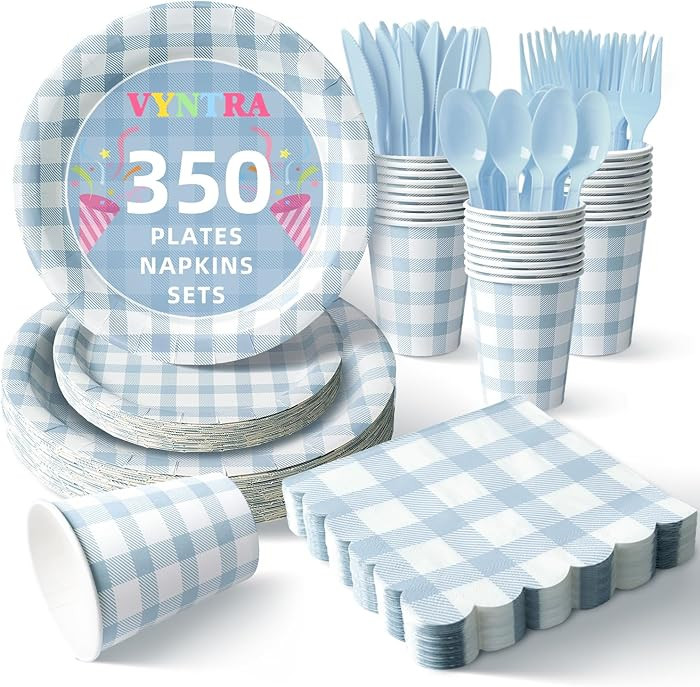 Vyntra 350 PCS Blue Gingham Party Supplies, Disposable 7 & 9 In Plates and Napkins, Cups, Knives,... | Amazon (US)