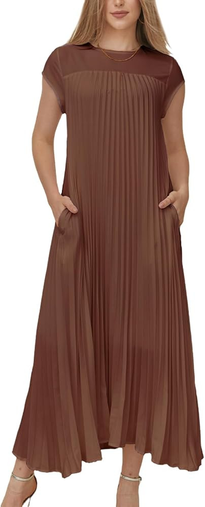 KEOMUD Women Summer Pleated Maxi Dress Casual Short Sleeve Crewneck Flowy Swing Long Dress with P... | Amazon (US)