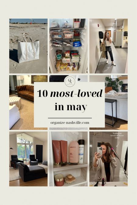 Your favorites from the month of May! 

1. Galan Console table
2. Erin Gates Herringbone Rug (Ballard Designs Dupe)
3. West Elm Dupe at Wayfair: LUmini Rug Dupe
4 Mark + Graham Boat tote
5. Vegamour SHampoo
6. Storage Trays
7. Dyson Air Wrap Dupe
8. Boxy Crop Tee
9. Plastic Storage Bin with Handles
10. Acylic Slim File Box
