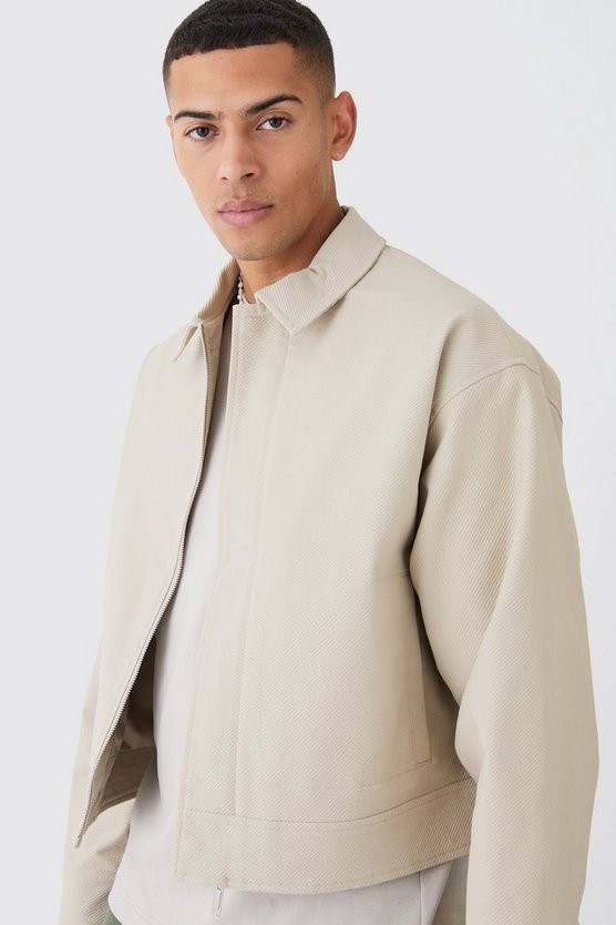 Boxy Smart Ribbed Twill Harrington Jacket | boohooMAN (US & Canada)