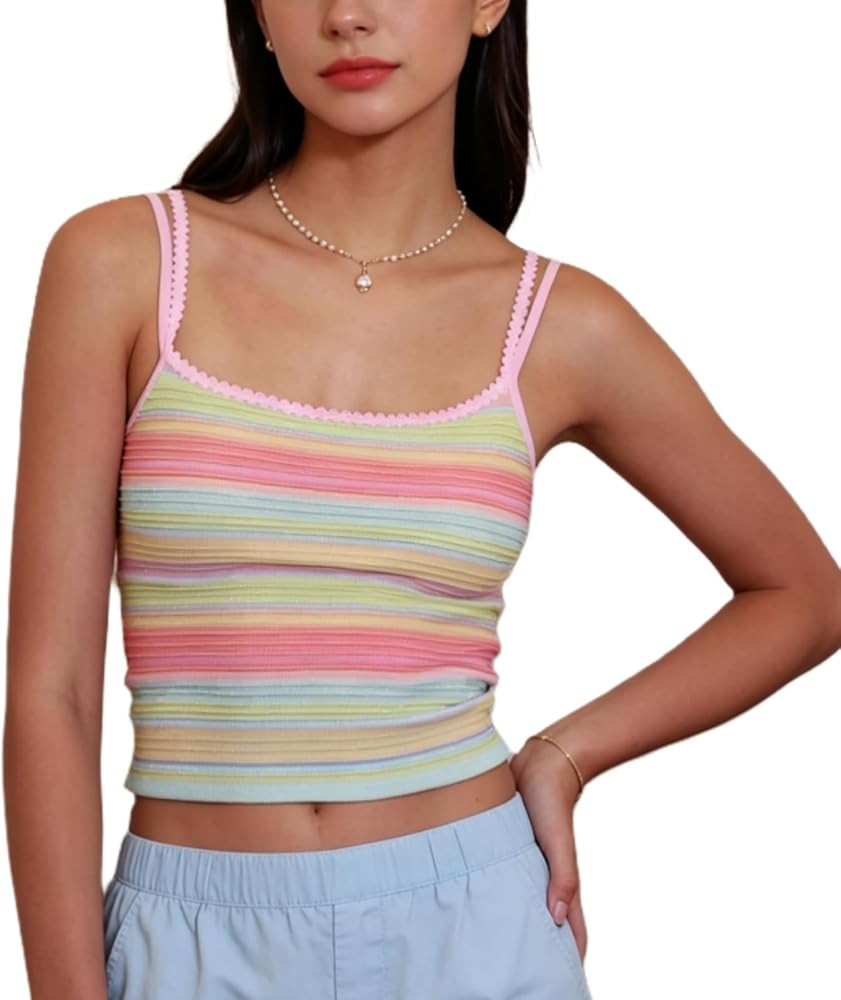 Women Knitted Striped Tank Tops Spaghetti Strap Slim Fitted Low Cut Cami Top Y2k Girls Going Out ... | Amazon (US)