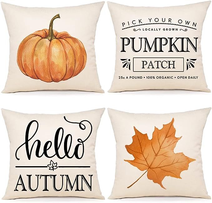 ZWJD Fall Pillow Covers 18x18 Set of 4 Farmhouse Fall Decor Fall Pillows Pumpkin Maple Leaves Hel... | Amazon (US)